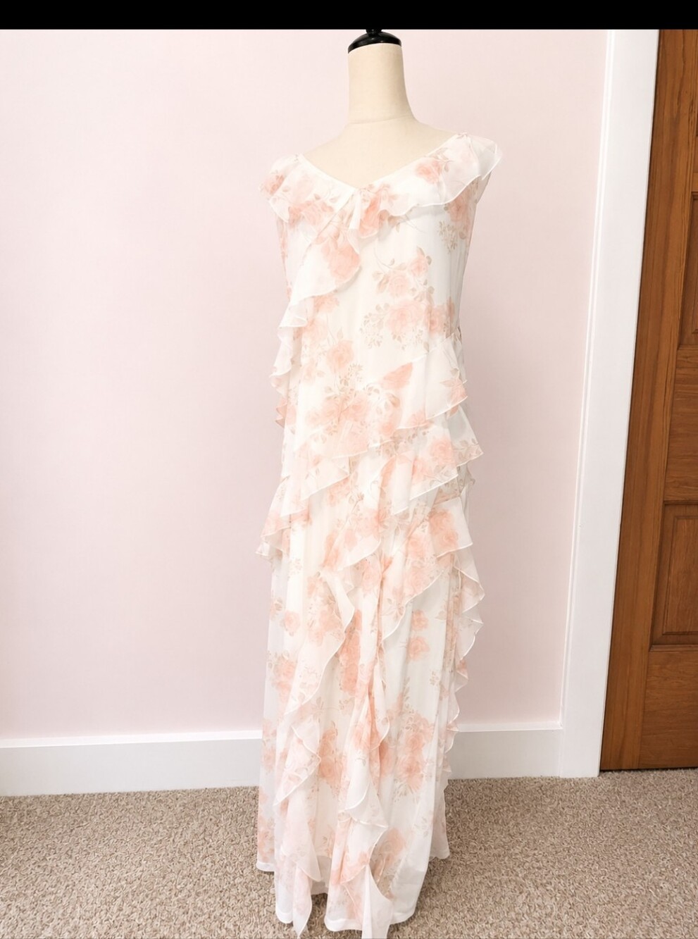 Light Floral Ruffle Maxi Dress in Soft Pink, Peach and Ivory